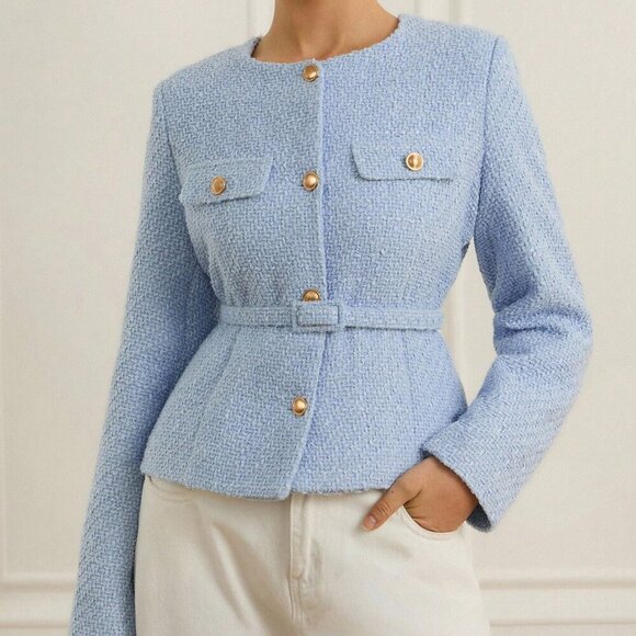 Blue Elegant Women's Cinched Waist Tweed Jacket - Picture 4 of 6